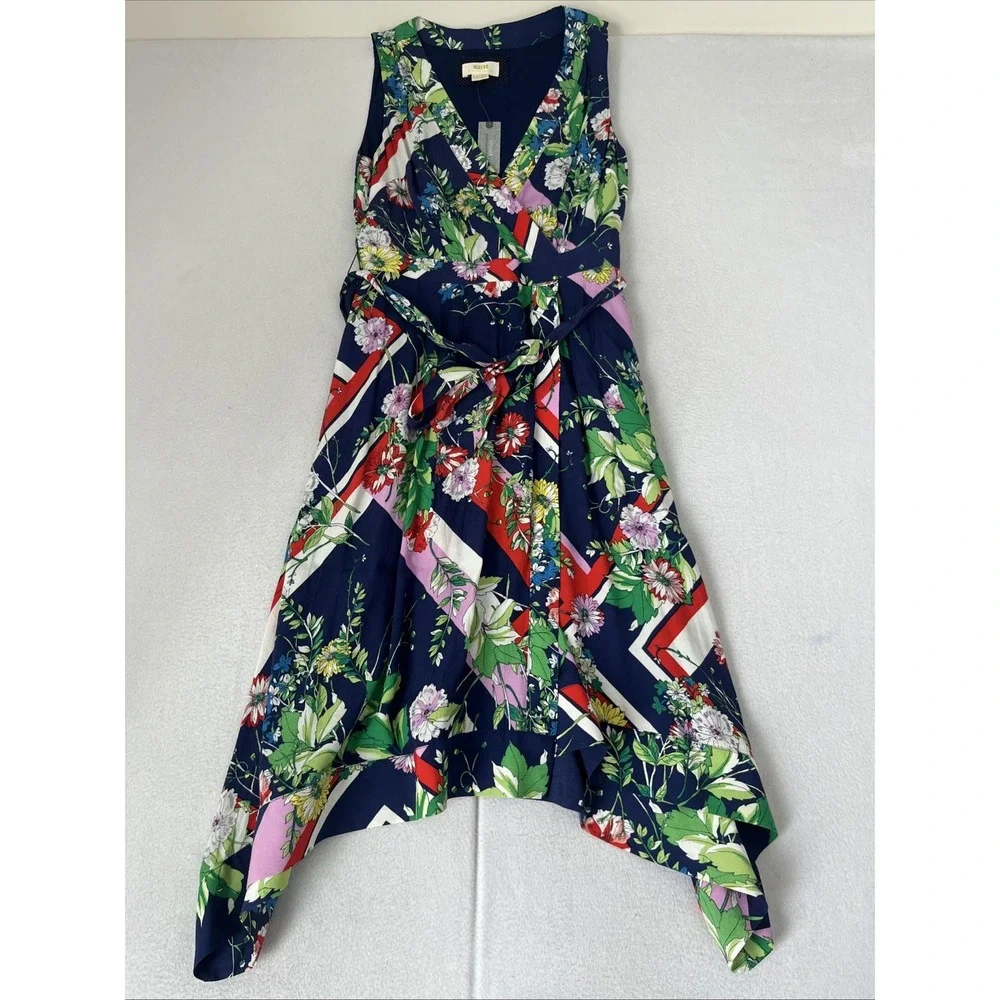 Anthropologie Maeve Spirited Midi Dress Blue Motif Floral 4P NWT